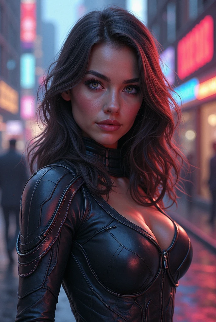 best quality,4k,8k,highres,masterpiece:1.2,ultra-detailed,(realistic,photorealistic,photo-realistic:1.37),gothic girl,sexy oriental girl,long black hair,deep red lipstick,smoky eyes,cyberpunk style,futuristic cityscape,purple neon lights,metallic accessories,leather outfit,cybernetic enhancements,mysterious aura,misty atmosphere,dark alleyway,sideways glance,evocative pose,intense gaze,haunting beauty,ethereal background,vivid colors,concept artists,moody lighting,sharp focus,bokeh
