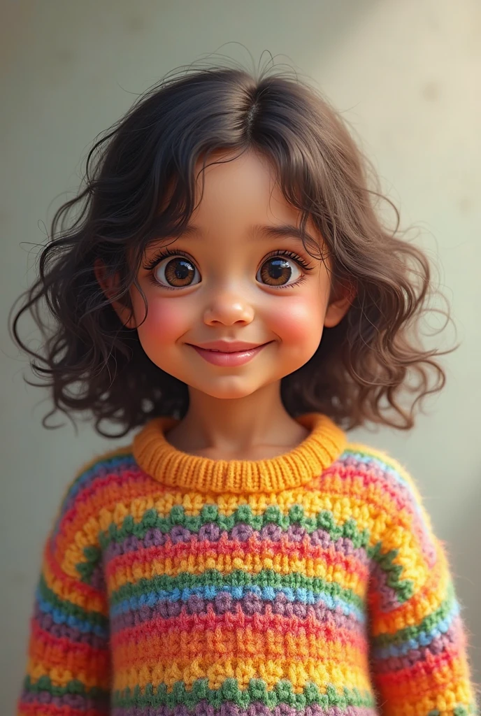 (photorealism:1.2),a child with PANTONE 80-6 C skin, curly hair with less hair on the sides than on top, with a long face and small, round, dark brown eyes with medium-sized teeth in front and slightly set apart, with a red, blue and green striped sweater and jeans-colored overalls