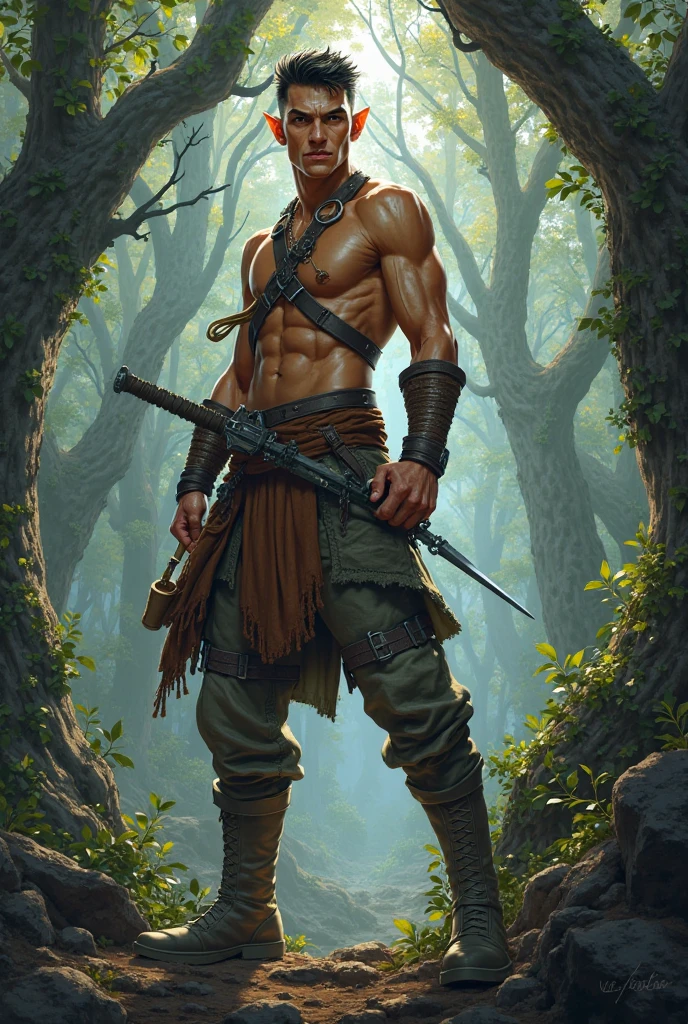 Muscular barbarian, partially  upper body, lower body uncovered from thighs to feet,, long flowing curls, intricate muscular details, photorealistic artwork, 4K quality. Background: Dense jungle with ancient ruins,32k uhd, best quality, masterpiece, super detail, high details