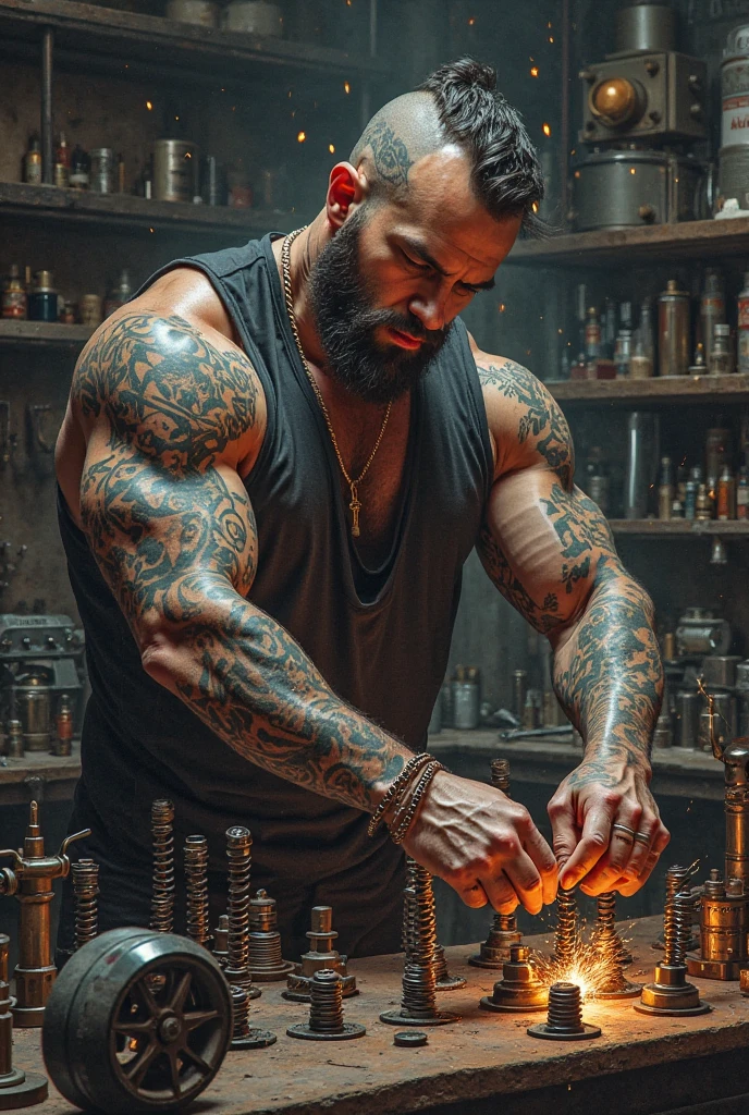 Muscular cowboy man with weapons in hands and tattooed
