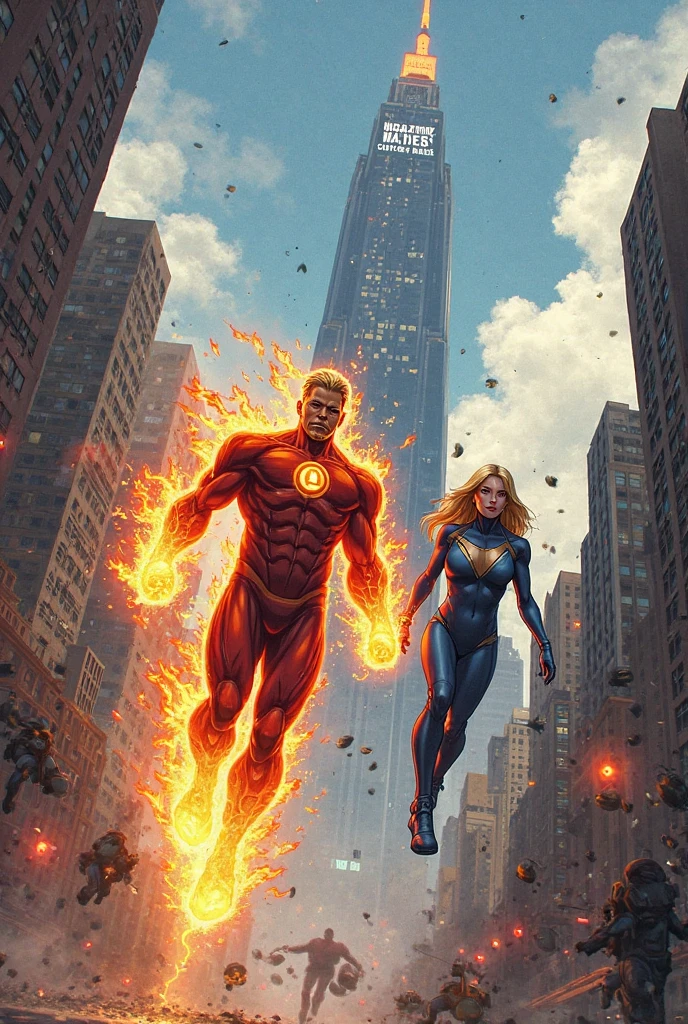Female huge breasts strong fit sexy Russian super hero attractive intimidating glowing eyes long blonde hair body red body suit with yellow cape flaming background full body shot walking