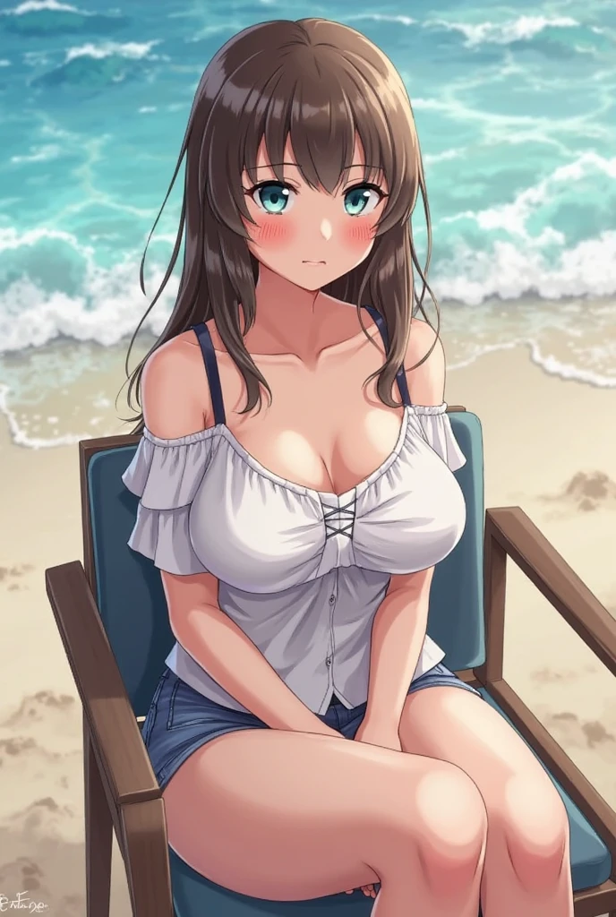 beautiful brown haired girl on a beach with big breasts 