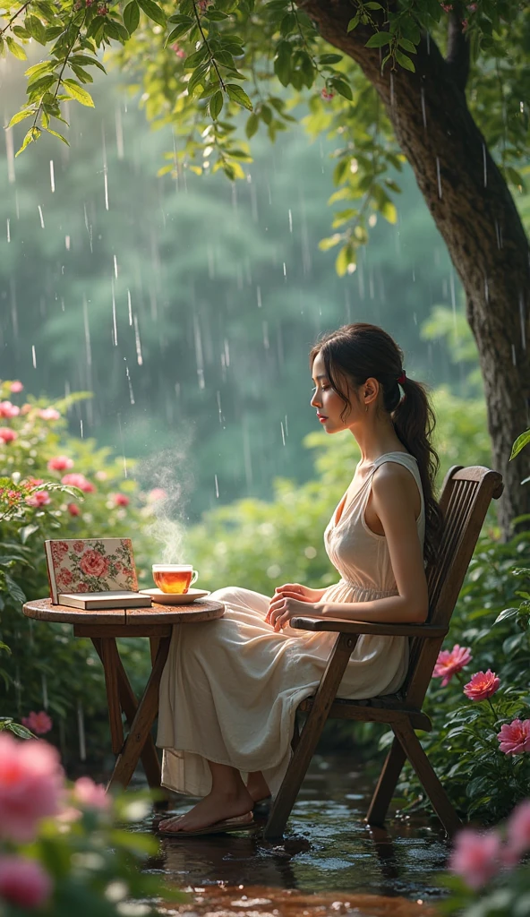 arafed girl lolita laying on the grass in the rain with a book, after rain and no girls, the most beautiful scene, carnal ) wet, raining, under rain, made out of rain, perfect movie shot, wash off in the rain, knees tucked in | rain falls, raining outside, 1995 movie, raining!, in the rain