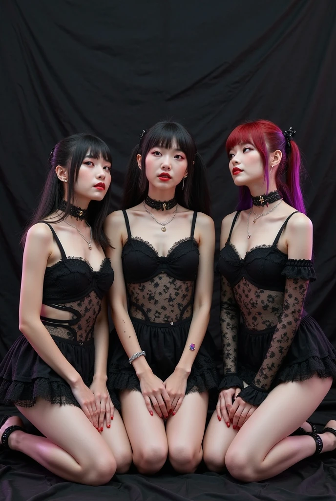 (Highest quality:1.2),32k HDR,High resolution,(20-year-old woman),(Ultra Wide Angle),(View from above:1.2),((Glaring at the camera)),(Japanese women),((Three Women)),(Tattoo),Flat bangs,Dark Room,Medium chest,Squat with your feet apart,Show off your crotch,両腕をhandcuffsで繋がれている,((handcuffs)),薄Dark Room,ruins,Embarrassed, moist eyes,Sad expression,Looking into the camera,Very beautiful eyes,Flat Chest,Tragic,A fleeting expression,,((全身にTattoo)),((Constraints)),((Lock)),((Plate at your feet,Dog food dish)),((Staring straight ahead)),((Cat ears on the head)),((thin tail)),((3 peopleの女性)),((対象的な3 peopleの女性)),((short hair,Shaggy,Bob,long)),(Red Hair,Brown Hair,Black Hair,Silver),(Maid clothes),((Dark eyeliner)),((Red lipstick))),((3 people)),((Slanted Eyes)),((Big eyes)),((Hands)),((Women who are kept)),((じゃれ合うThree Women)),((Pets)),((Bold pose)),((Embrace each other)),