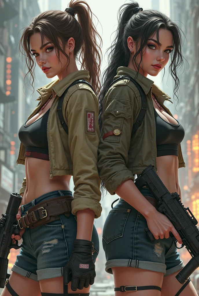 Apocalyptic desert wasteland, High Detail RAW color Photo, Full Shot, intricate, high resolution, ultra detailed, stunning, 3 beautiful woman walking towards camera with a gun in hand, wearing sexy wasteland survival gear, (open jacket, unbuttoned shirt, no bra, cleavage, perfect breasts, perky nipple:1.8), toned physique, (low ride pants:1.8), perfect body, full body, looking at viewer with lustful expression, sensual, intimate, full long flowing hair, sweaty, (wet body:1.2), destroyed vehicles in background with smoke rising, (cars on fire in background:1.4), (highly detailed, fine details, intricate), (lens flare:0.5), (bloom:0.5), smog, dust, (badlands:0.8), (observitory:0.7),raytracing, specular lighting, cinematic film still