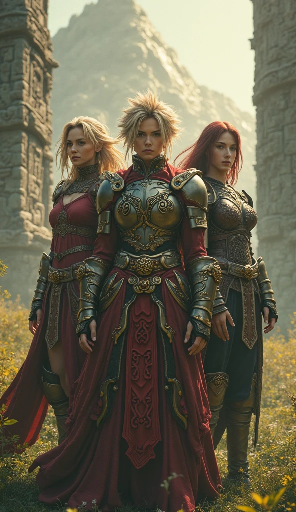 (best quality,4k,8k,highres,masterpiece:1.2),ultra-detailed,realistic:1.37,women knights in armor,sunlight,glare,dispersion,portraits,illustration,decorative armor,long spears,medieval warriors,strong female characters,battlefield,shadows of the armor,vibrant colors,sharp reflections,dynamic poses,steel armor,golden highlights,artistic interpretation,powerful gazes,fierce expressions,heroic composition,vivid atmospheric lighting,morning sunlight streaming through the trees,explosions of light,dramatic sky,confident women,attention to facial details,impressive armor craftsmanship,attention to intricate armor details,captivating intensity,contrasting light and shadows,graceful movements,authentic historical inspiration,epic battle scene,sense of camaraderie,strong bonds between warriors