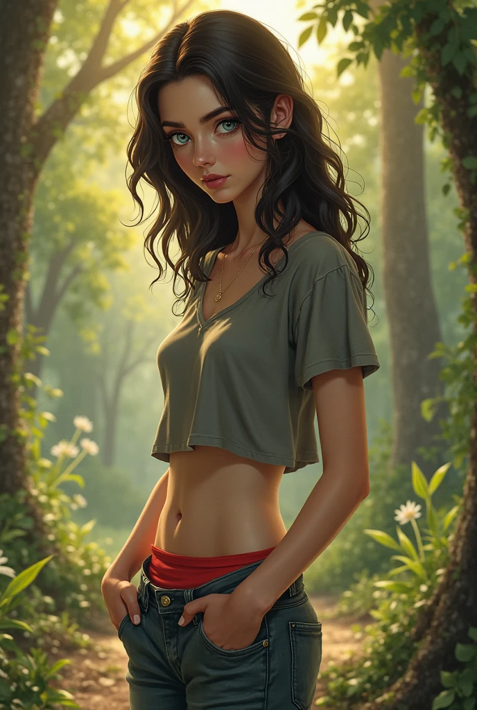 (highres,masterpiece:1.2),vivid colors,stunning,70s setting,beautiful detailed eyes,beautiful detailed lips,wild messy hair,girl in muddy worn-out jeans,girl in muddy jacket,girl in muddy blouse,standing in small forest bog,drowning in small forest bog,feeling sexual tension,amidst green foliage,ethereal sunlight,soft natural lighting,lush vegetation,bubbling swamp,foggy atmosphere,serene and mysterious,retro vibe,70s fashion,disheveled appearance,flower crown,delicate gold necklace,natural makeup,dark eyeliner,long curly lashes,subtle blush on cheeks,emotionally charged,wide-eyed expression,seductive aura,wet muddy hands,dirty clothes,stains and rips,soaked in mud,reflection in shallow water,faint ripples on the surface,subtle movement,muddy ground textures,impressionist painting style,gritty textures,strong contrasts,rich organic colors,bold brushstrokes,expressive composition,intense emotions,evocative atmosphere,sensual and captivating,mystical and dreamlike.