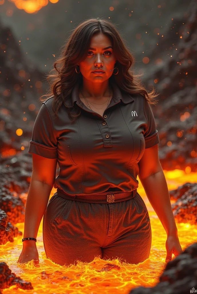 A woman of normal build with brown hair and small breasts is very sweaty and wet, dressed in a light soaked T-shirt and shorts and boots, standing on red-hot lava against the background of an erupting volcano, the sky is in smoke