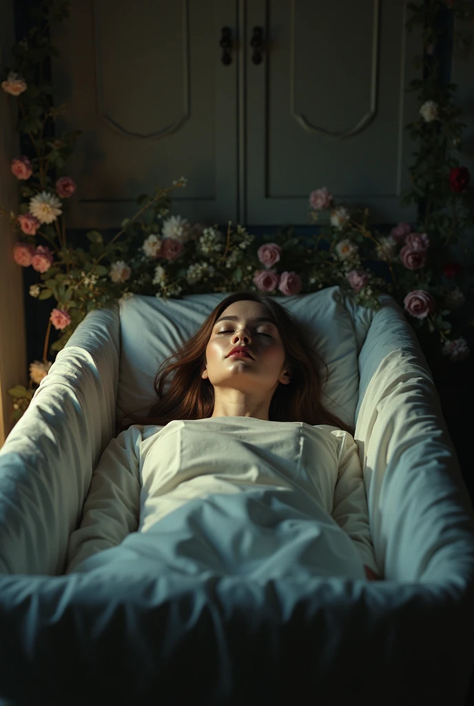 Woman lying in a coffin with a cross and flowers., Vestido rojo. With her hands on her chest, her eyes closed, if the coffin is surrounded by flowers, the woman is very beautiful.