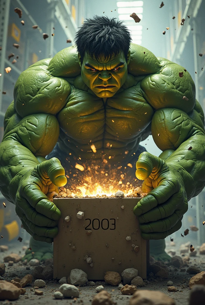  An image of the Hulk punching and breaking a wooden table in half with the letters B, c, D e E leaving the broken table