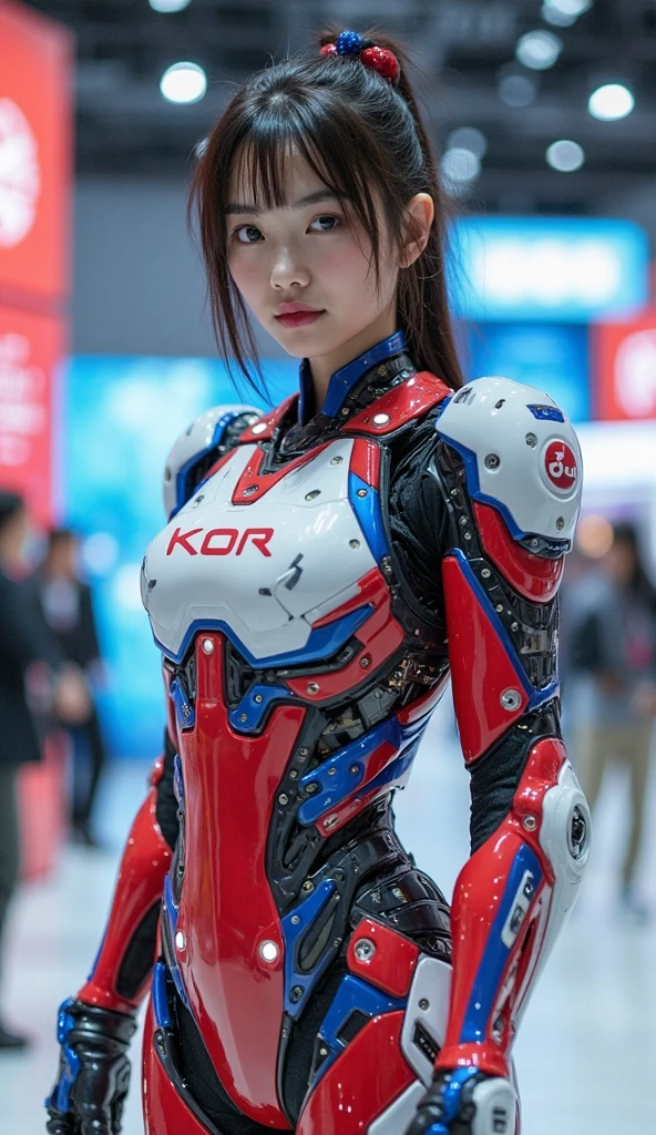 (Magazine Cover:1.3),Urzan-6500, (Realistic: 1.3) (original: 1.2), masterpiece, Highest quality, Beautiful and clean face, whole body, ((Robot Girl, Mecha)), Broken Armor, Mechanical halo, Mechanical arms, Gray Hair, Long Hair, Ceramic body, Thigh Gap, Small breasts, Cyber Background, Highly detailed city, Eva 02,Soryu Asuka Lanley,Asuka,(Red tights, Red latex,Red High Heels)(Translucent body, Reflective Skin), 8k, Highest quality, Super detailed, (hyperRealistic:1.4),