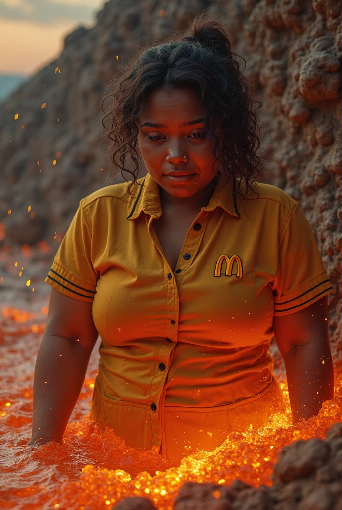 Realistic picture of a obese black girl holding a piece of fried chicken in a swamp during night