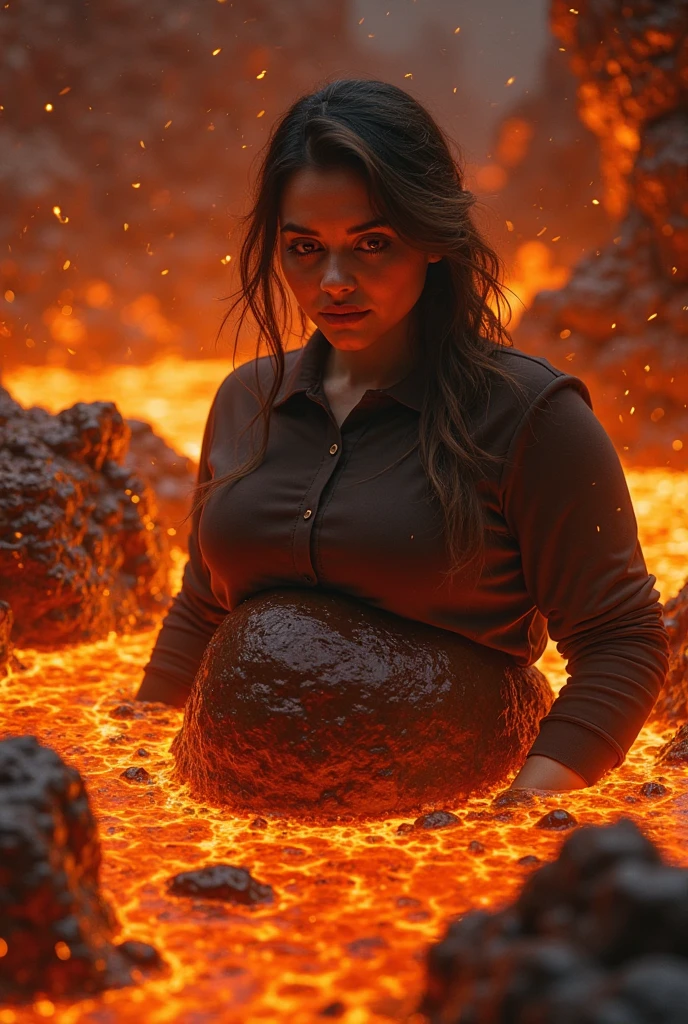 A pregnant woman trapped in a fire，Pregnant woman with horrified expression