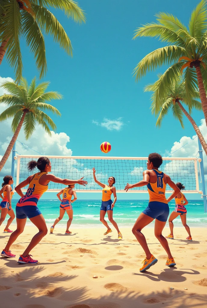 Beach volleyball. The ball is in front, normal people, man and woman behind. The players are at the Olympics. It&#39;s night and they&#39;re in uniform, bermuda shorts and tank top, the brand of the ball is Resenha. The image focuses on the ball and the Resenha brand.. Review is written in metallic gold. I need more highlight for the ball.
