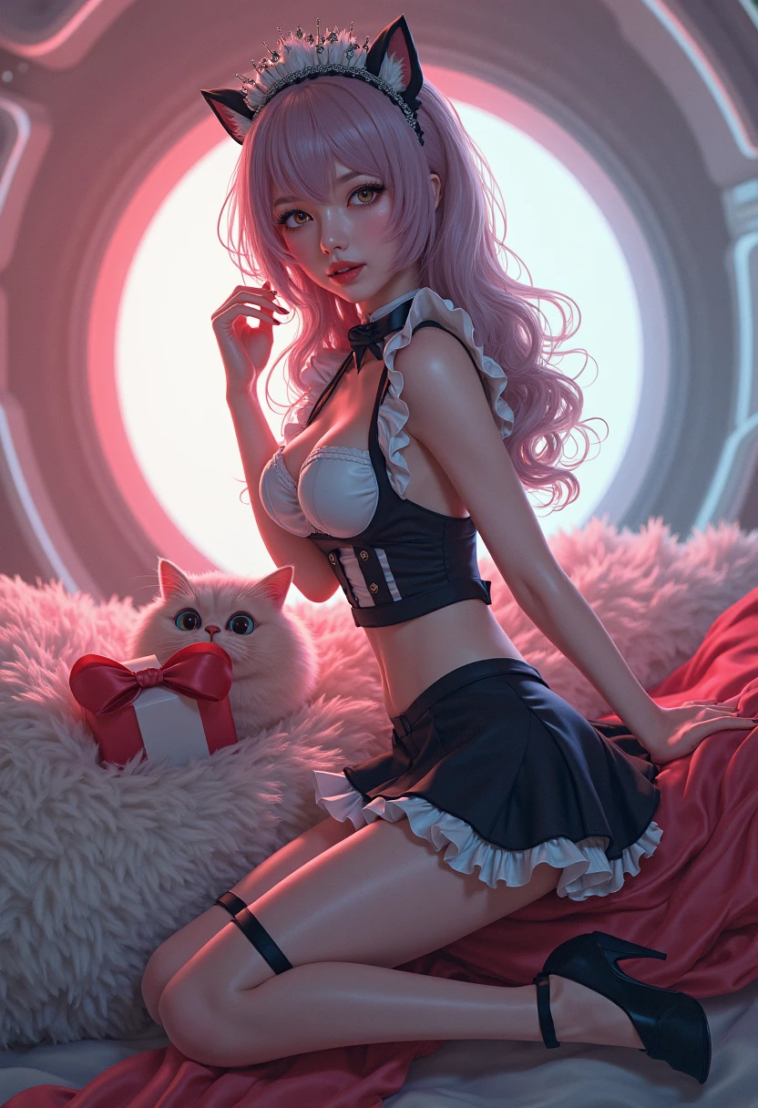 The upper part of the body、one girls、i have blue hair color、Two-tone、(Pink Highlight Hair、Curly hair,Fluffy fox ears、very Bigger breasts、Sorcerer、Black bra(highlight print pattern)、Has a shining wand、Shining magic circle、Countless glowing spheres float、Glowing soap bubbles、I'm sitting on a big shiny glass globe、shining chandelier