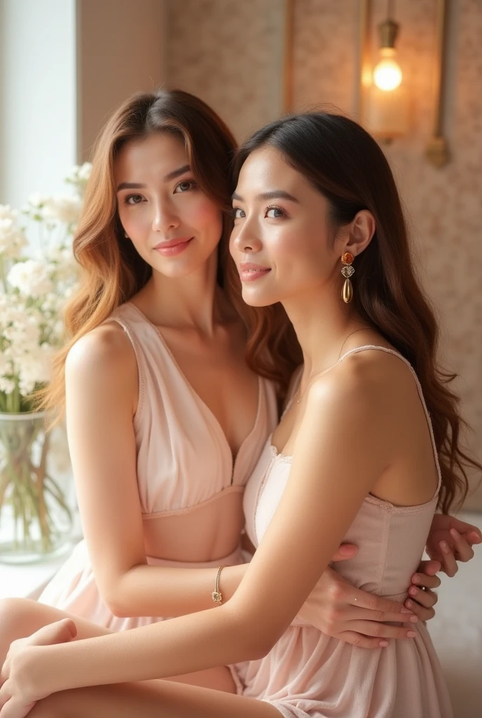 ((Two beautiful girls))((Two women crossing their legs on the stairs in the city))((Look at me with a smile))((Pause))((I see a tree))((Two elegantly dressed women))One person'Perspective, (On the table:1.3), High resolution, Very detailed, Highly detailed CG integrated 8K wallpaper, Actual, realism, Original photo, Beautiful and delicate face, Pale skin, Realistic glossy skin, Detailed fabric texture,Big Breasts,Huge breasts!、((Nipples:1.4))