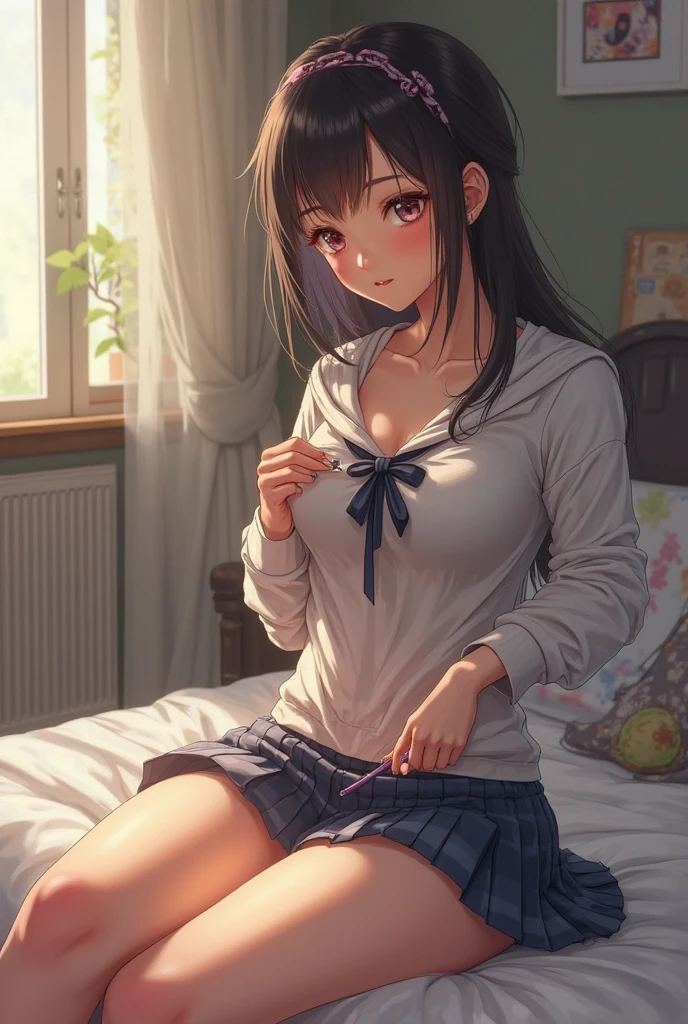 ((masterpiece,Highest quality:1.3,best quality illustration,realistic:1.3)),cowboy shot,solo,1woman,(18-year-old、Japanese Beauty)、brown hair,long hair,(center parted bangs),brown eyes,gorgeous eyes,((very small head:1.3)),shy,Heavy breathing,((very long body:1.2,skinny)),medium breasts,(tan skin:1.3),(Red ribbon tie、White collared shirt、Long sleeve、Red panties),gleaming skin,toned body,slender body、Wet crotch、sweat,sitting,Simple bed、Simple bedroom、Tokyo、