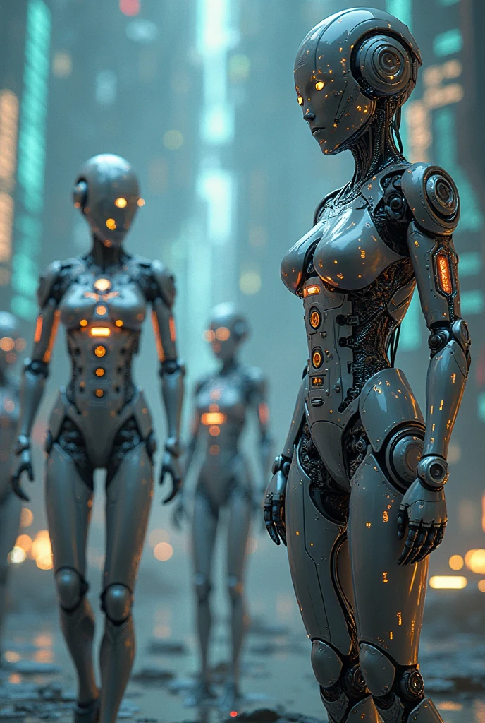 Create a image of the morden future, there is no nature, humans are less, girl robots are working as servent to male humans,there is a background with full of sexy robotic female servent