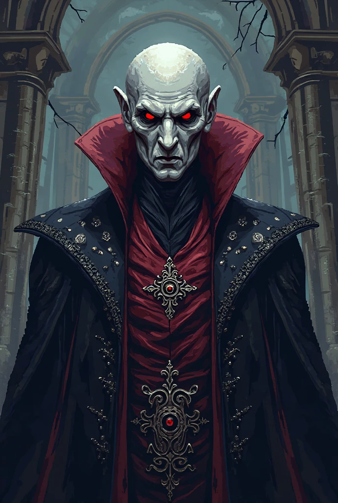 (((best quality)), ((masterpiece)), ((ultra realistic)), 55mm lens, (professional black and white portrait photograph), glamor photography, night time, low angle, terrifying male Nosferatu vampire lord, ((gaunt face, emaciated, haunting big eyes, bald, wrinkled skin)), long fangs, tattered robes, pasty skin, dark gothic cathedral interior, detailed background, best quality, soft cinematic lighting, sharp focus --auto --s2