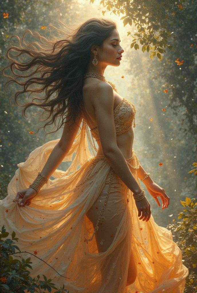 a black woman dressed in gold, danced surrounded by beautiful flowers and butterflies as well as bubbles; she has long hair around her, There are beautiful plants in harmony with very bright colors