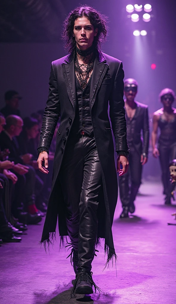 ((a man of 30, tatuados, very long black hair, wearing gothic victorian clothes, with blue eyes, similar to Andy Black from the band Black veil Brides)),((hyperheal)) posing like a model, ((no tattoo on face)). ((Full body parading on a catwalk in Milan)).