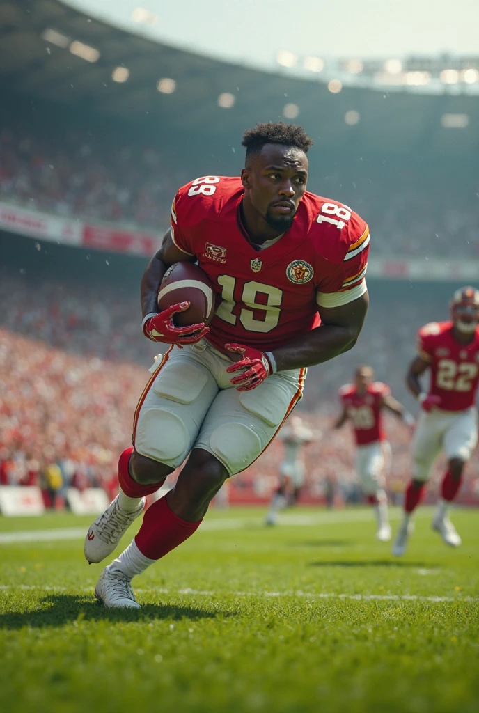 (photorealism) American football player celebrating in the stands with the fans after scoring a touchdown