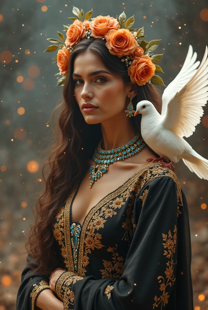 I would like to request the creation of a 3D drawing of a classic gypsy Pomba Gira. The character must be brunette, with very fair skin and long flowing hair, in black, it will have deep, hypnotic blue eyes, generating an air of mystery and enchantment.. To add a special touch, She must have a red rose delicately tied in her hair. The dress must be long like that of flamenco dancers in the gypsy style, with a layered skirt that combines black and blue colors, adorned with golden details that enhance its beauty and air of mystery . In one hand, she must hold a cup, while in the other he is smoking a cigarillo, displaying a seductive and sexy expression.must have tattoos of Umbanda symbols such as the exus trident and cute doves., the character must be adorned with lots of jewelry that complement the glamorous and enigmatic look of Pomba Gira. The focus should be on capturing the essence of seduction, mystery and respect that this figure represents in Umbanda. . Thank you for your attention and I look forward(a) to see the artistic interpretation of this character! It is very important not to leave too many parts of the body exposed , In the previous images you are confusing gypsy flamenco dancers with Arab belly dancers , I want spanish flamenco