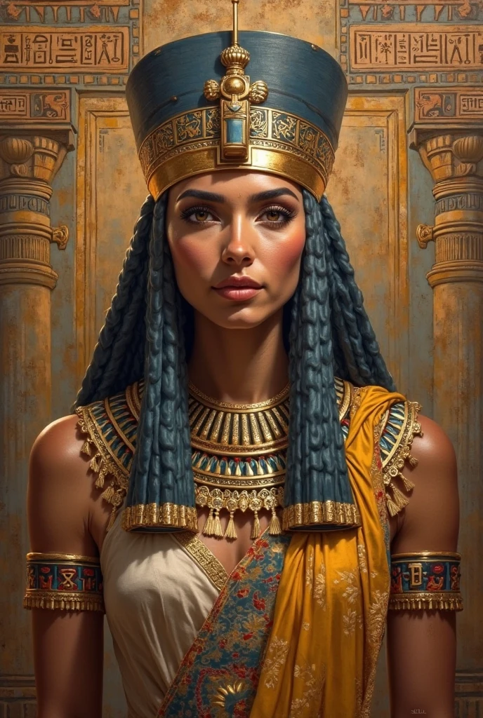 Regal portrait of Ancient Egyptian queen, she sits on an ancient Egyptian royal throne, golden brown skin, adorned with gold jewelry, eyes painted with kohl, delicate features, extremely long and braided hair, historical movie still frame, movie scene, ancient Egyptian wall background painted with hieroglyphics, art by Gustave Moreau, Jean-Léon Gérôme, and Lawrence Alma-Tadema, atmospheric, dynamic, a masterpiece, stunning oil painting, blue and golden decorations, ink, a masterpiece, best quality, hdr, fine texture, maximalist and highly detailed