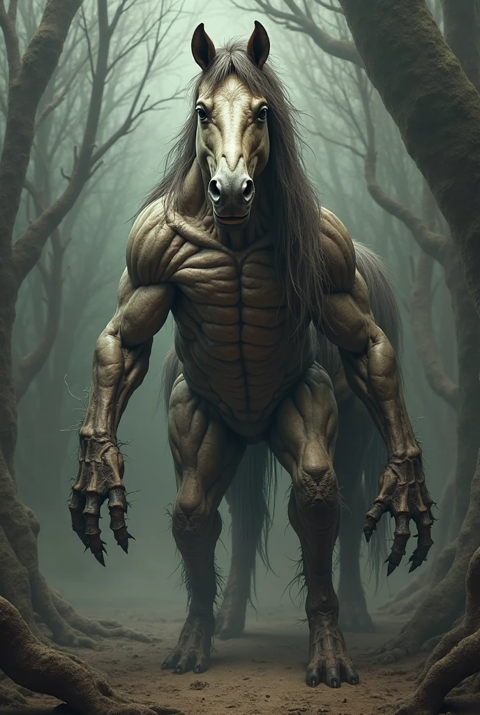 A tall, eerie creature with the body of a man and the head of a horse, standing in the shadows of a dense, tropical forest. Its eyes glow in the darkness, and its long limbs are ready to pounce."