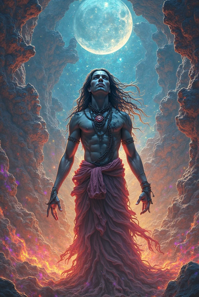 Create a highly detailed and atmospheric digital painting of a cosmic dark entity meditating in a lotus position on the surface of a barren planet. The entity has a shadowy, featureless face and a muscular humanoid body covered in dark organic tendrils that appear to flow and twist around it.. A bright red crystal is embedded in his chest, pulsating with dark energy. Above the head of the entity, A spinning purple and black cosmic vortex with a glowing mystical orb at its center radiates power, Shedding an ethereal light. The background features a vast star-filled galaxy with purple nebulas and distant cosmic phenomena., creating a sense of infinite space and power. The lighting is dark and sinister, and the main sources of light are the glowing red crystal and the mystical orb. The overall color palette is dominated by deep purples., black and touches of red, evoking a sense of cosmic mystery and power.