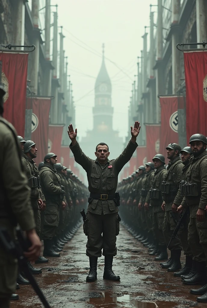 German soldiers march through a Polish city. Spotlight, The Nazi flag waving while, In the background, the streets are filled with damaged buildings and terrified citizens.



  
