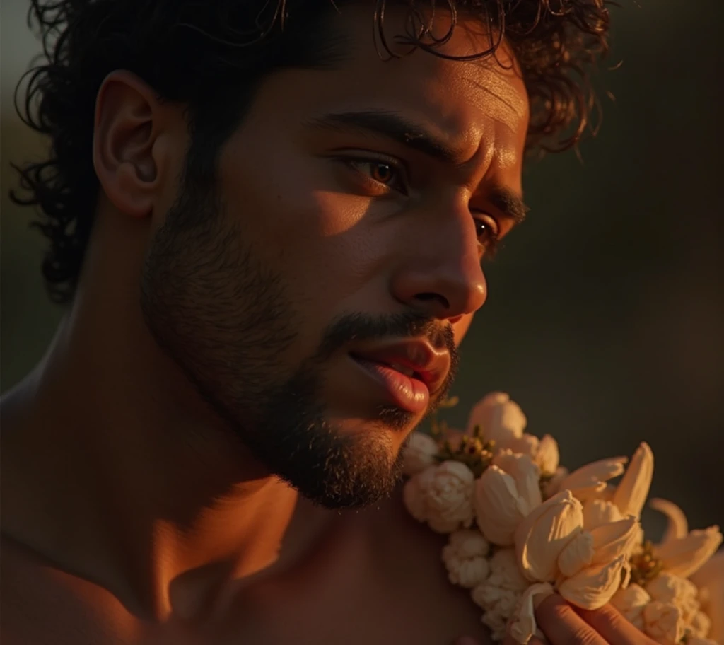 A man in a lush tropical garden, naked and without clothes, big penis, with a close-up capturing the harmonious beauty between his penis and the flowers, showing off your natural charm and outgoing personality.