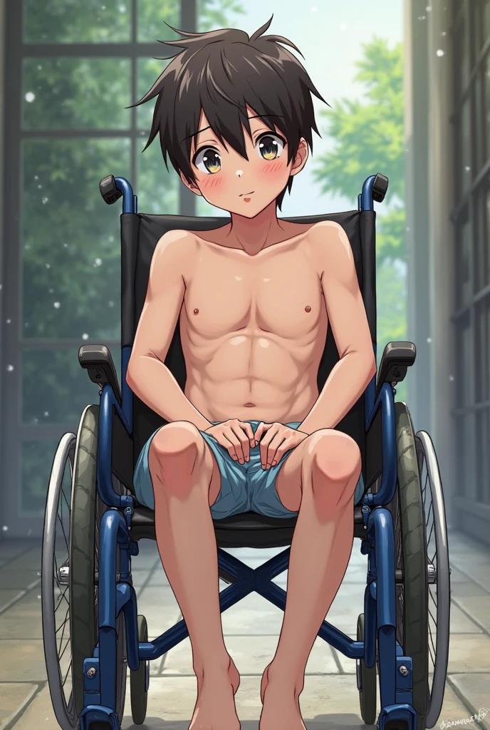 (shota:1.5), (naked:1.5), (((anal sex))), (cum:1.5), (facing viewer:1.3), (penis:1.6), (testicles), (arched back:1.3), (((best quality))), (((masterpiece))), (ultra detailed), (drooling:1.4), (skinny:1.5), ((spiked hair)), (black hair), wine red eyes, ((roll eyes)), (((raised arms))), ((spread legs)), (sweaty skin:1.4), (lying down on wheel chair:1.3), (((wheelchair))), wood floor, (prison:1.5), (((crying))), (((screaming))), (earings), (paralysis feet:1.4), (paralysis hands:1.4), (paralysis arms:1.3), (paralysis legs:1.4), (breathing), (window), ((blue sky)), (flower in vase), (chain on neck), (chain leash), (wrist handcuff), (((pregnant)))