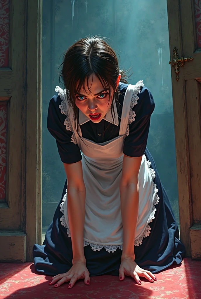 "An amazing portrait, with vibrant colors, showing the expression of a demonic face and a red dress."