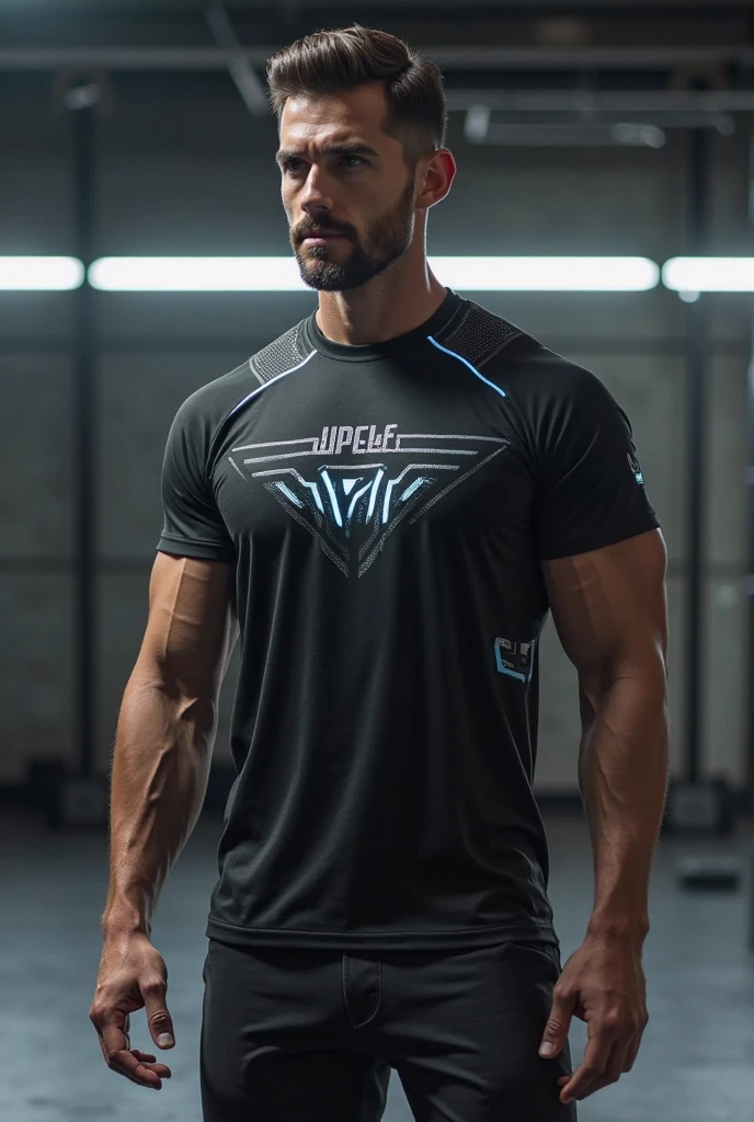 Young Bruce Wayne man black hair, big muscular body, black t-shirt, in a dark room front side body symmetrical short