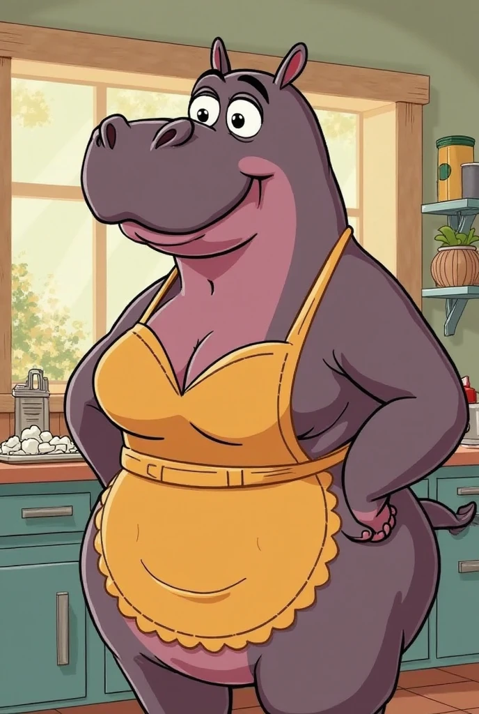 Gloria, hippopotamus, nsfw, female, chubby, fat, belly, huge breasts, thick thighs, Looking at viewer, white t shirt midriff, bottomless, uploaded to e621, hands on belly, african savanna, <lora:Gloria:1>