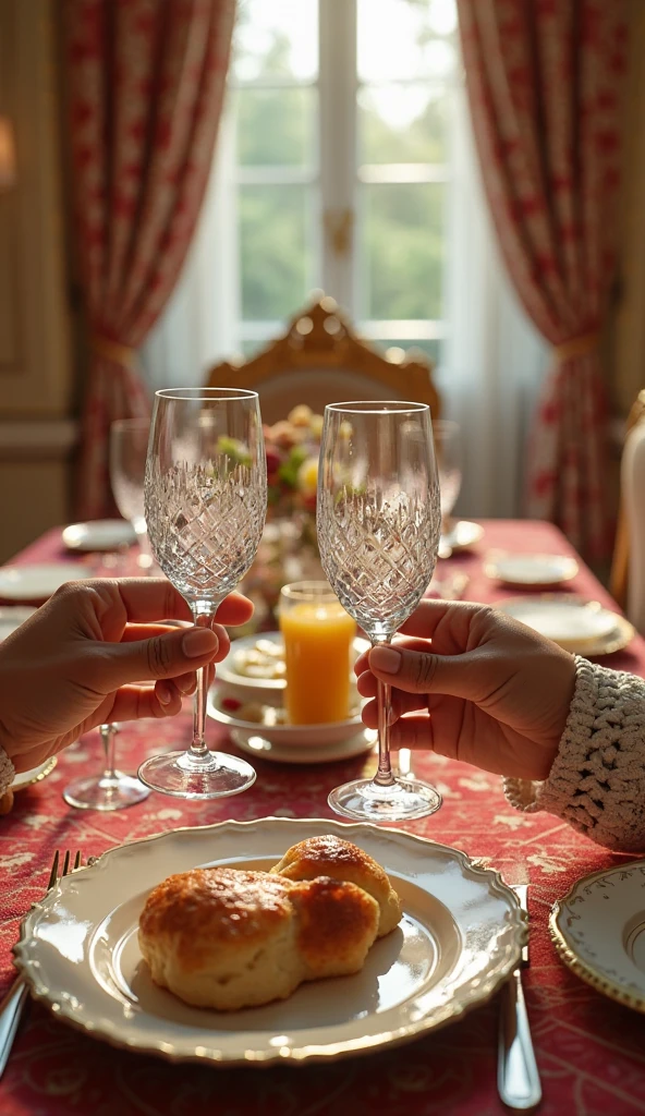 A flower arrangement of yellow and orange ranunculus is placed on the dining table, surrounded by food and red wine. A blonde, Caucasian couple is having a meal.。
The husband is wearing a white shirt and the wife is wearing a light blue sweater