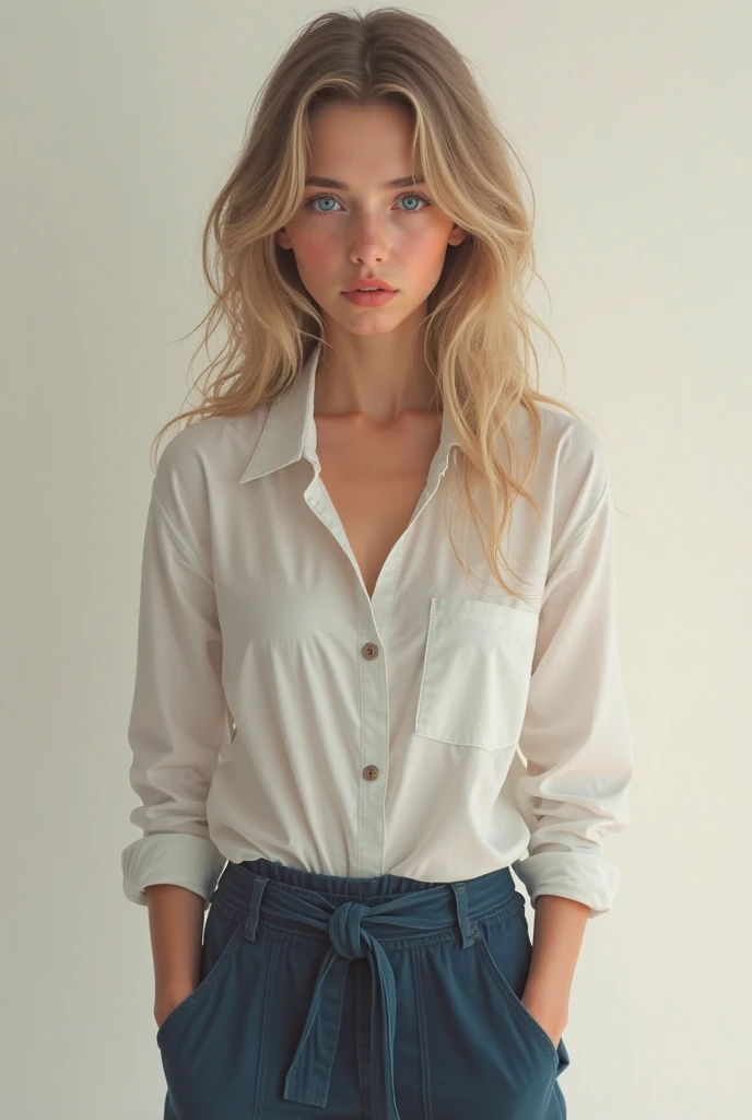 Russian girl standing in short shirt at school, blonde 