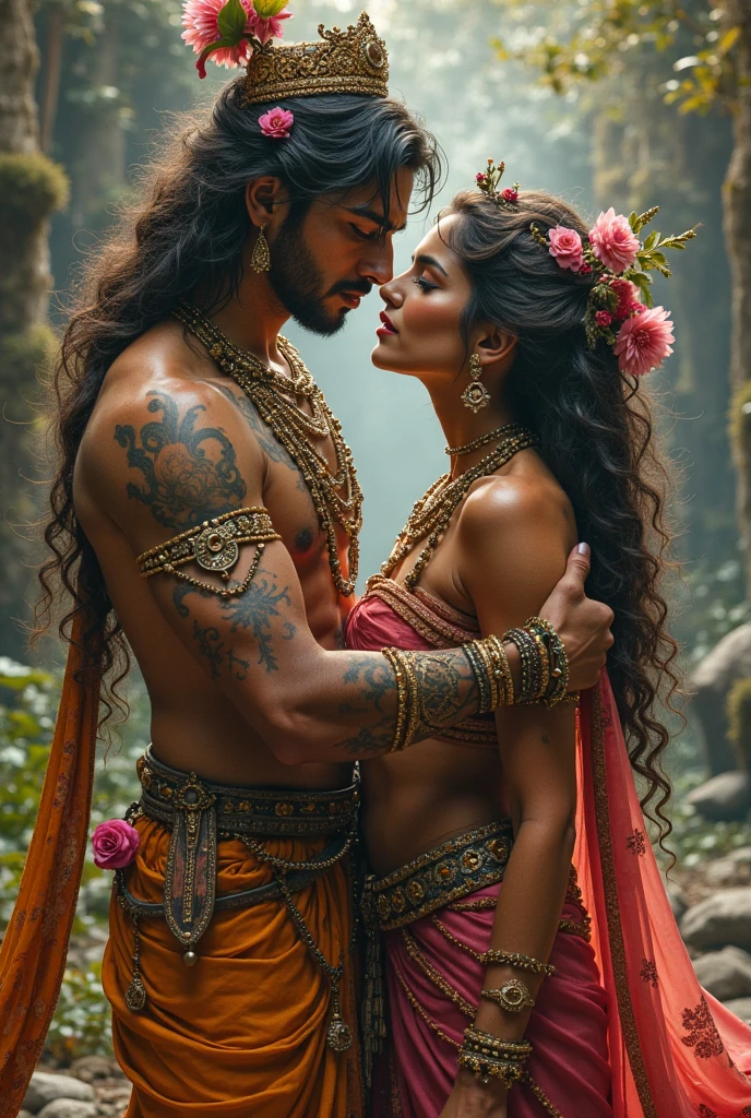 Sacred rebels, an extremely attractive couple. Dark bearded handsome bald shaman man with muscular upper body bare. Blonde fairie-like bimbo girl, dressed in flirtatious pink skimpy underwear, perky big breasts, plenty of cleavage, hourglass body. Lots of hippie style jewelry. Side by side, touching each other sensually, facing the camera, looking into the camera. General tone of picture is vivid colors, dreamlike, psychedelic.