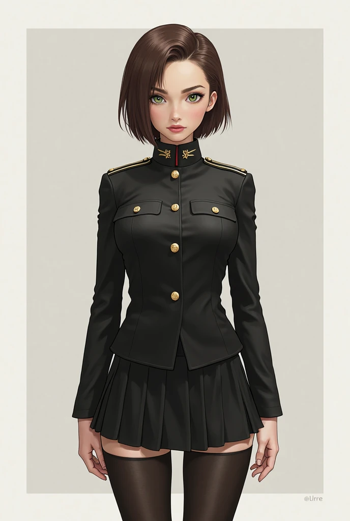 Short, tight mini skirt that covers my legs just above my knees. The skirt is bright red and has a wide black belt holding it in place.. I also wear a fitted jacket that covers my shoulders and chest.. The jacket is black with gold details on the collar and buttons.. And I have white gloves that cover my hands up to the fingers, a 2 girl(from head to toe), cute and tender face(without makeup) (forward facing camera), short hair and blonde, big thighs and big hips, low height