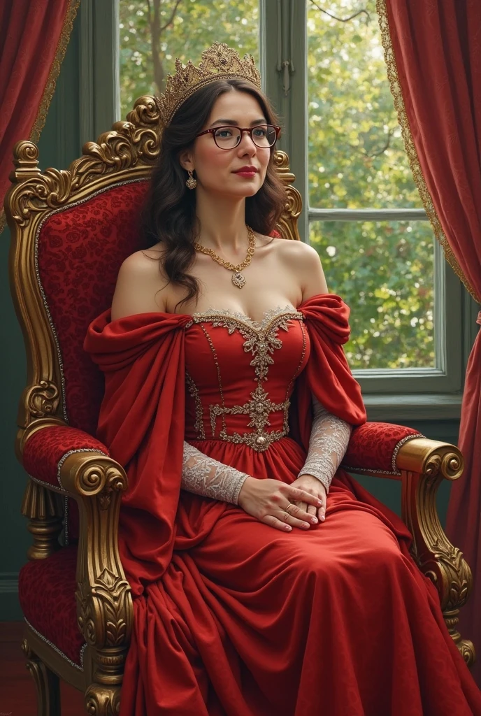 Woman, fifty years old, armchair, noble, jewellery, ear ring, russian face, makeup, red lips, brown fancy hair, noble dress, single, one person, victorian dress, solo, library, baroque, wineglass --auto