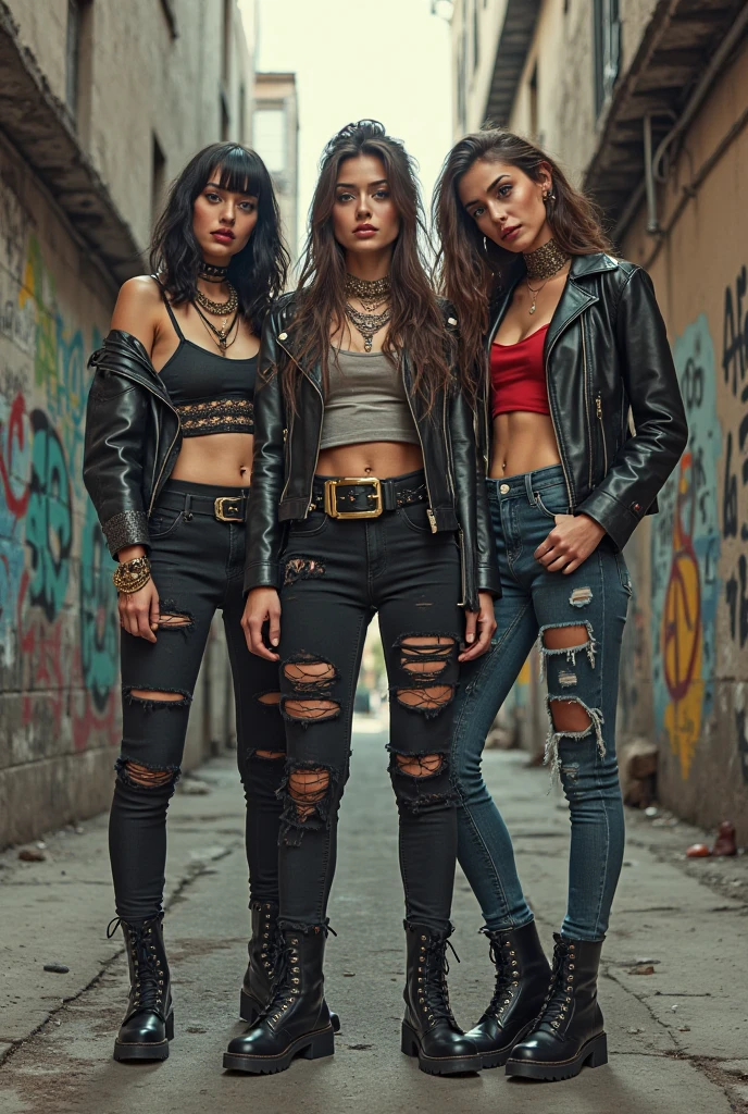 I'm taking photos for a new concept album. Create girl group concept photos with walls full of spray paint, female band girls with different faces , different hair style , different skin (white, black and brown) with a rocker style