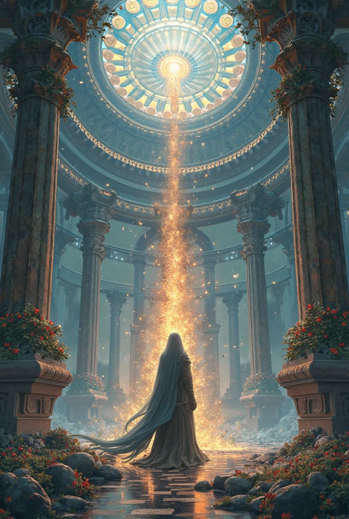 obra-prima, melhor qualidade, filme ainda, nuvem, floating into the sky, Close-up, brilhante, Soft lighting and Warm, sun sunset, capa de livro, Templo budista, horizonte com sol dourado, Portal Dimensiona, manipulando elementos da natureza, Texto escrito: Zikhron - Templo do Sol (Sparks: 0,7)