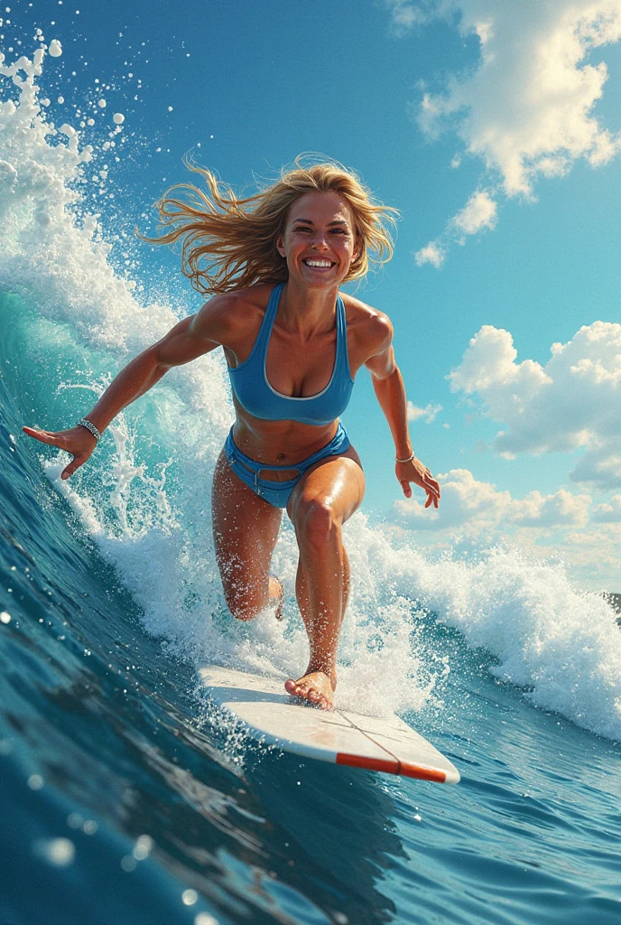 Fitness girl surfing with high quality and realistic definition 8k blonde clear eyes cover size for youtube