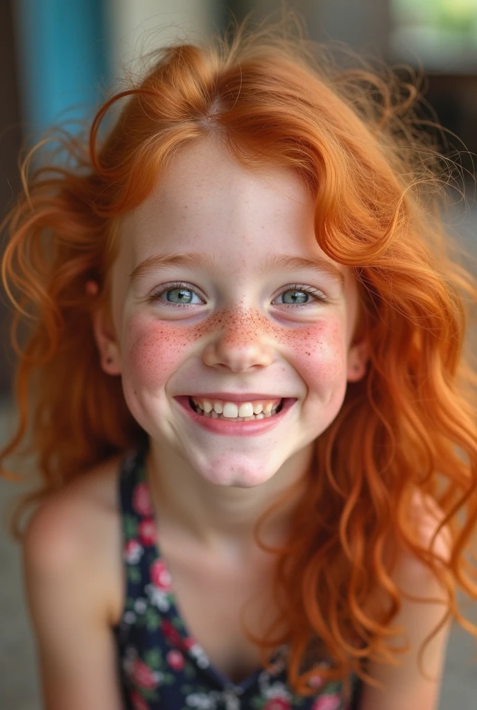 Super super happy and cute little girl with bright freckles scattered across her nose and cheeks, and red curly ginger hair that bounces playfully around her face, leans in to lovingly hold her own cheek as she smiles contagiously. This enchanting young girl radiates joy and positivity, leaving those around her feeling uplifted and filled with warmth. Her freckles add character and charm to her adorable face, while her fiery ginger hair gives her a unique and memorable look. The happiness in her eyes and the slight blush on her cheeks add to her irresistible cuteness, making her an instant favorite for anyone who encounters her. Her lighthearted and care