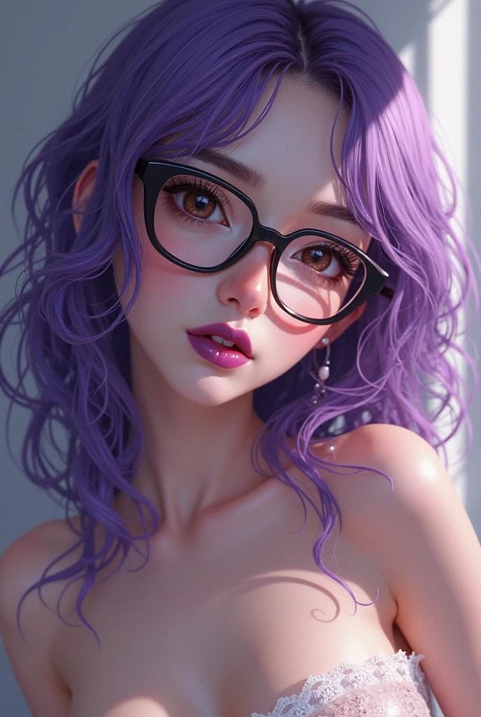 (best quality,4k,8k,highres,masterpiece:1.2),ultra-detailed,(realistic,photorealistic,photo-realistic:1.37),portraits,medium,beautiful detailed eyes,beautiful detailed lips,extremely detailed eyes and face,long eyelashes,1girl,purple hair,white shirt,overlaid blue dress,black square glasses,holding,a white and red umbrella,vivid colors,studio lighting