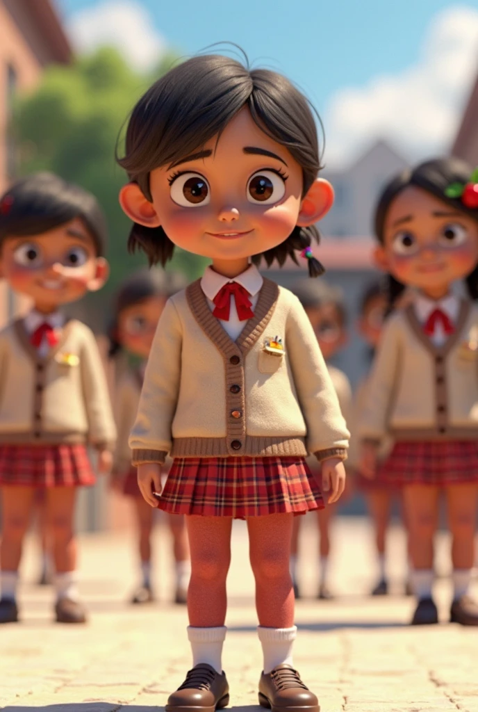 Girls women in school with uniform and their bows in their hair ready to go to school Pixar design 