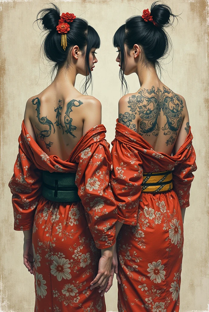 a beautiful girl with her back tattooed. Yakuza girl. bare back, hair forward, black hair, detailed back, tattooed back, yin and yang tattoo, yin-yang tattoo on her entire back, beautiful female back. bare shoulders. slim figure. Image from behind, focus on his back.