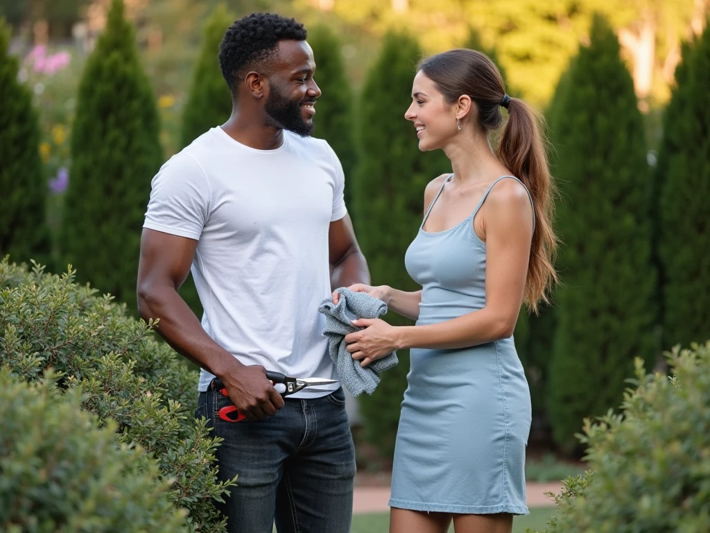 Photograph of, a 25 year old, white caucasian-american woman, wearing a flower mini dress, and high heels, and a 28 year old, black african-american man, wearing a t-shirt, jeans, and sneakers, having an intimate picnic in the middle of a lush marijuana field, flirty expressions, anatomically correct, UHD, super detail, textured skin, 8k,
