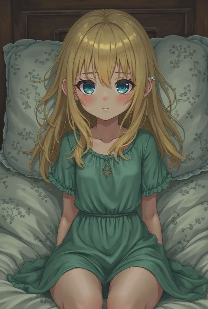 ??? blond hair ,blue eyes,black dress , black stockings,she lie in bed,